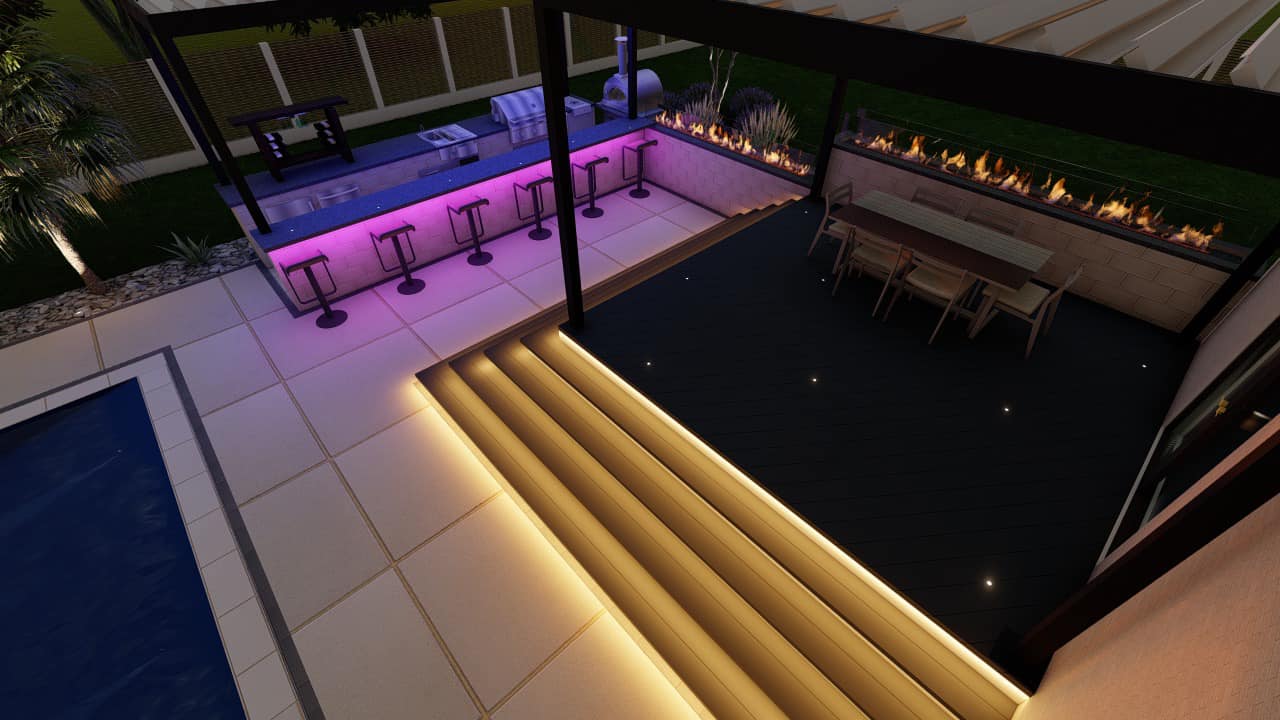 Modern outdoor patio with illuminated stairs, pool, bar, and dining area. Stylish seating and colorful lighting create a vibrant, inviting atmosphere.