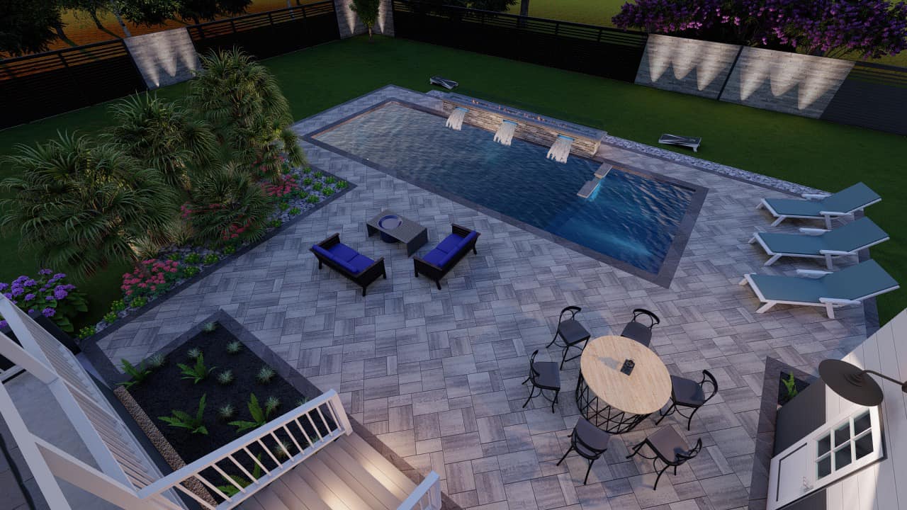 A modern backyard features a rectangular pool, lounge chairs, patio furniture, and lush landscaping, creating a serene outdoor living space.