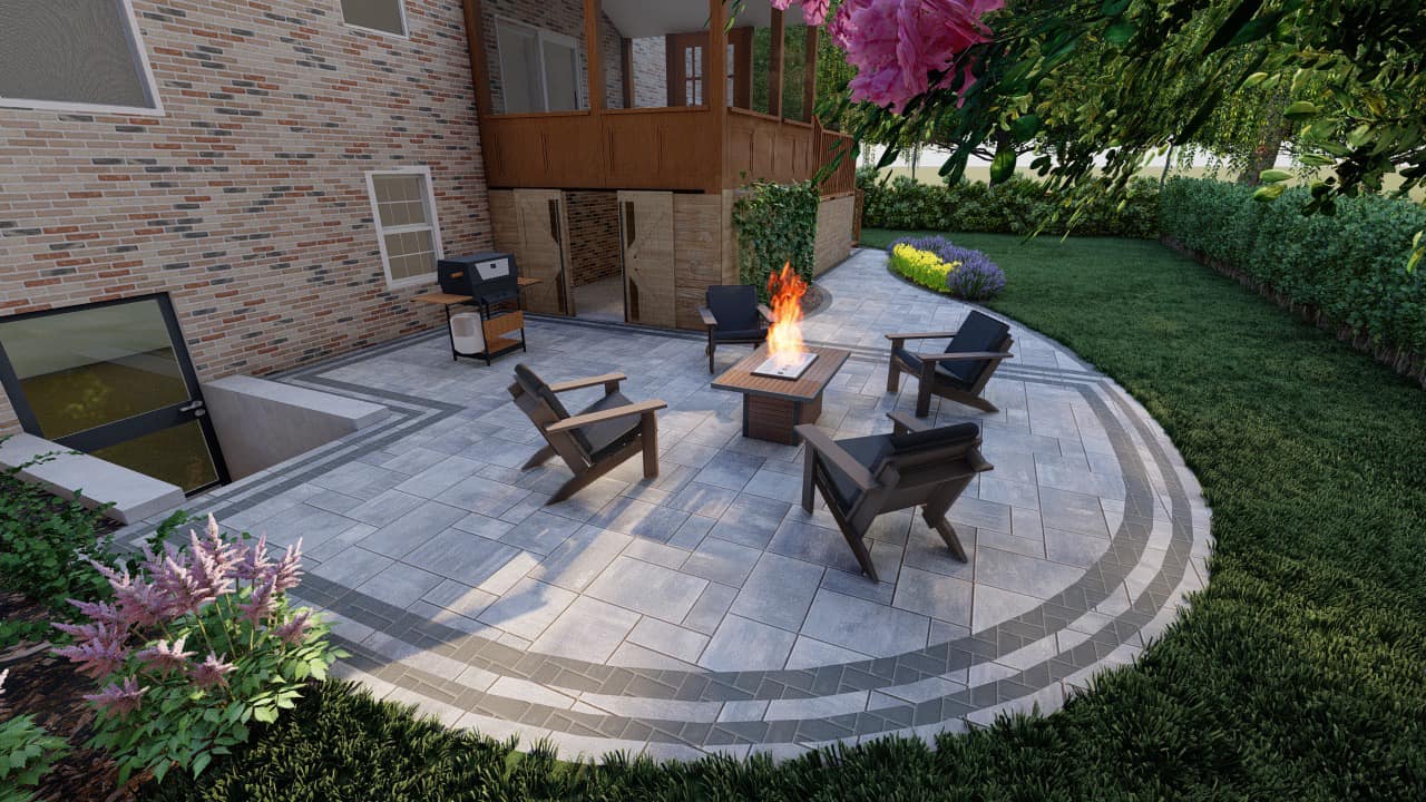 A cozy backyard patio with a fire pit, surrounded by chairs, brick house, lush greenery, and vibrant flowers, creating a relaxing atmosphere.