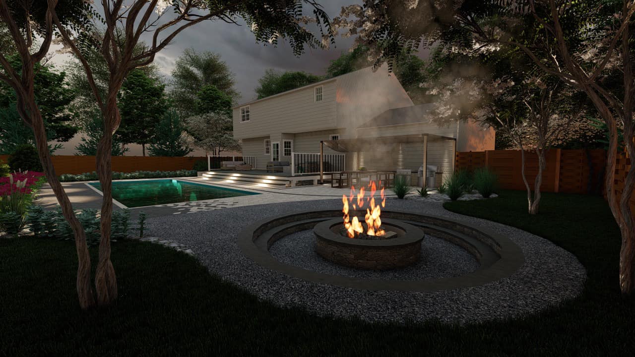 Backyard scene with a modern house, swimming pool, and a central fire pit, surrounded by trees and plants under dramatic evening lighting.