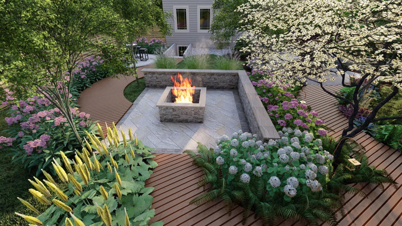 Lush garden with vibrant flowers, wooden pathways, and a stone fire pit. Trees provide shade, creating a serene and inviting atmosphere.