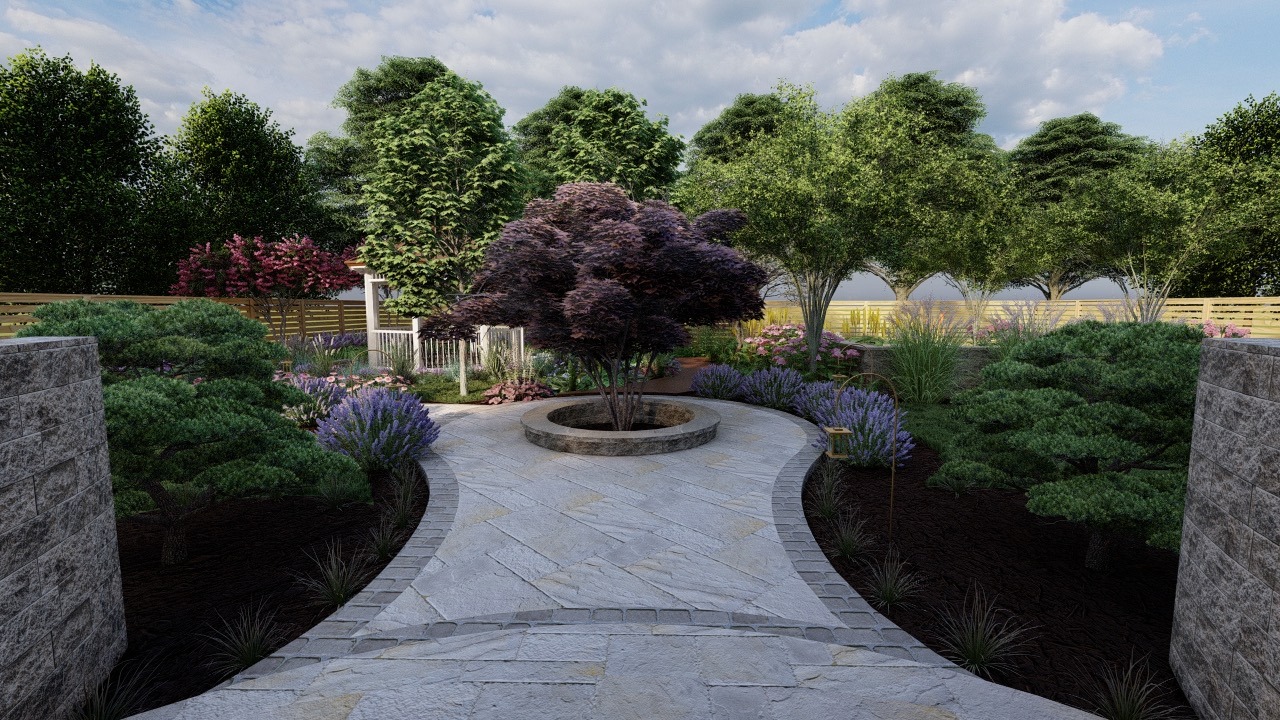 A serene garden with a circular pathway, central tree, vibrant plants, and surrounding trees under a partly cloudy sky.