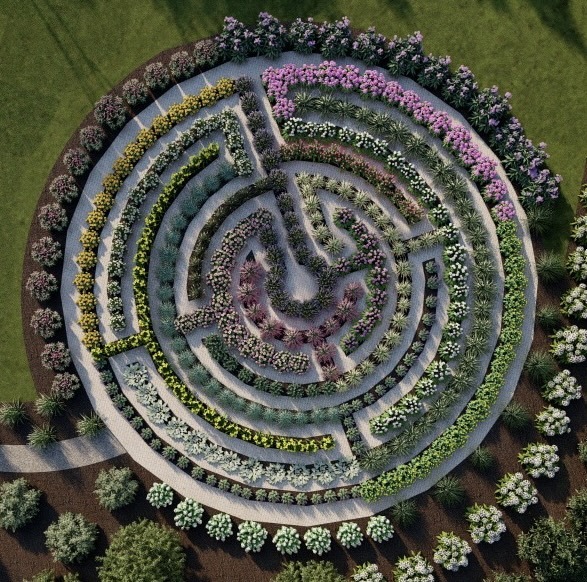 Circular garden maze with colorful, symmetrical flower patterns surrounded by lush greenery and paths. Vibrant floral design creates a captivating aerial view.