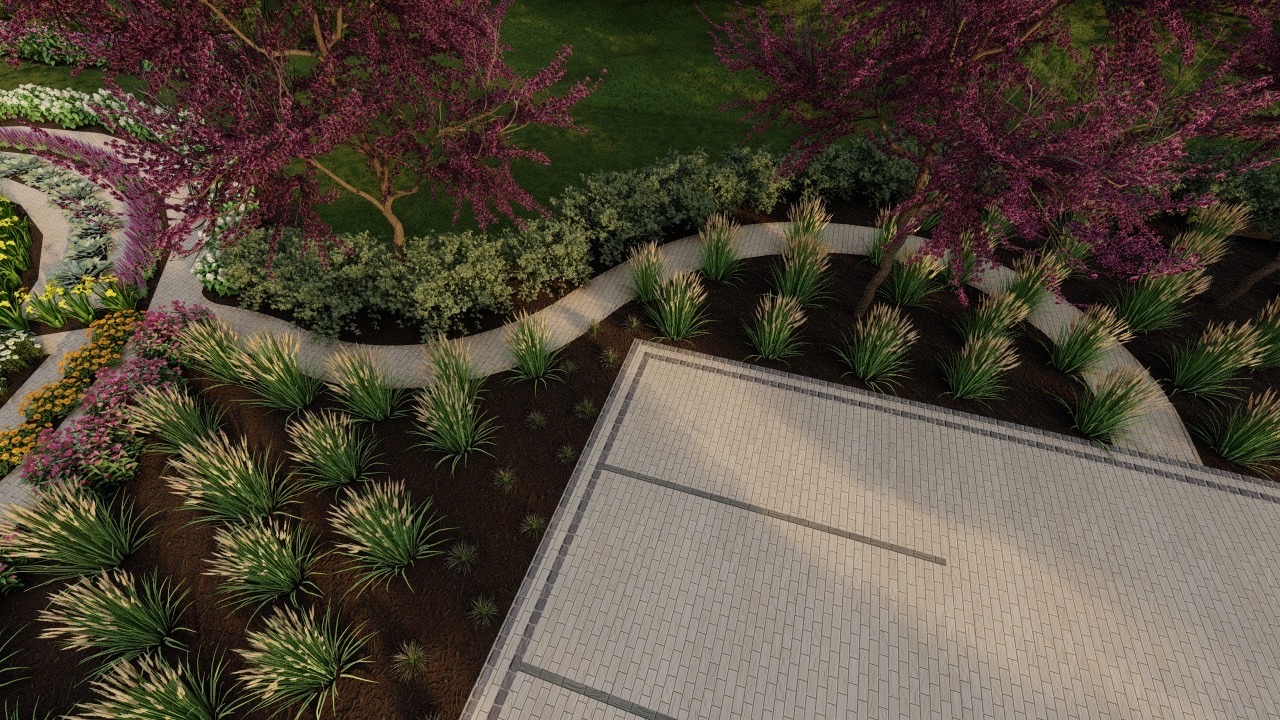 Lush garden scene with curving pathways, colorful flowers, and purple-leaved trees. Brick patio provides an organized, serene outdoor space.