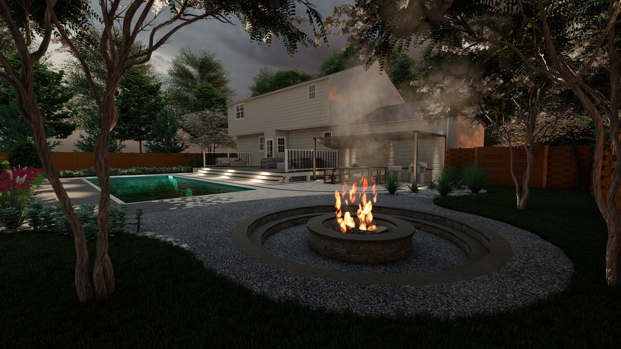 Backyard with a modern fire pit, swimming pool, and wooden deck. Surrounded by trees and greenery, adjacent to a two-story house.