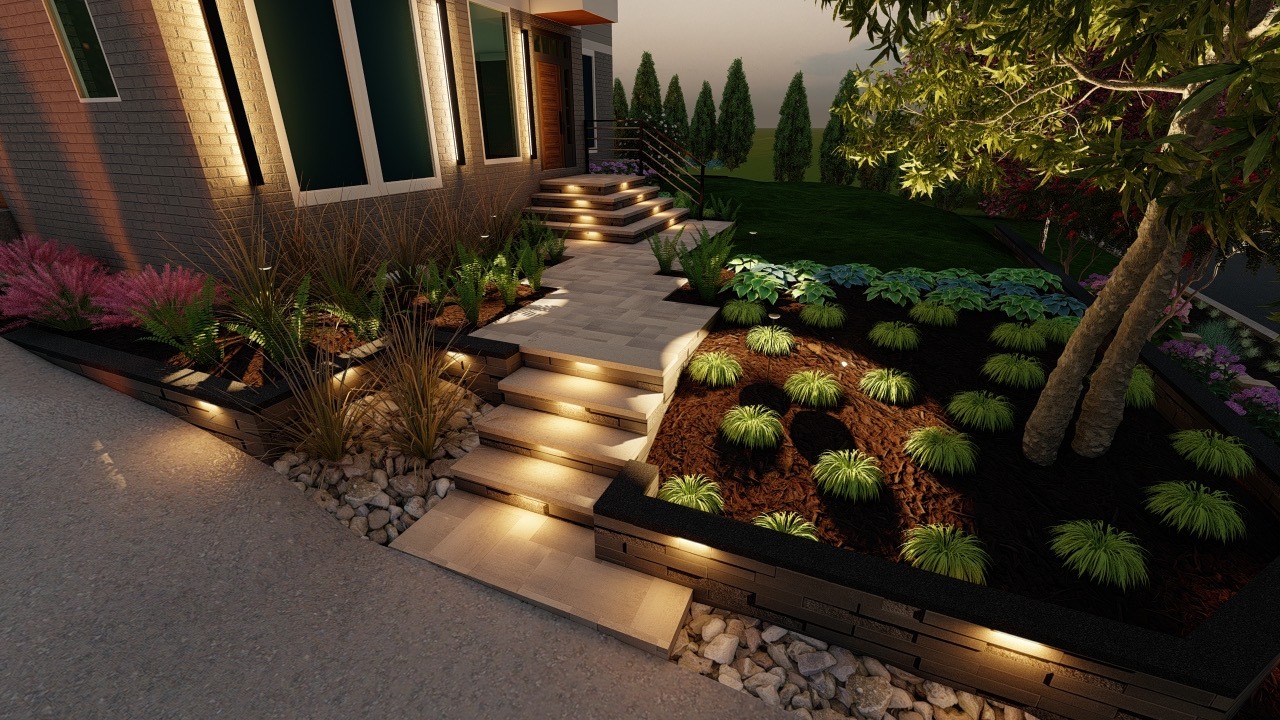 Illuminated garden pathway with steps leading to a modern house entrance. Lush greenery and well-placed lighting create a welcoming atmosphere.