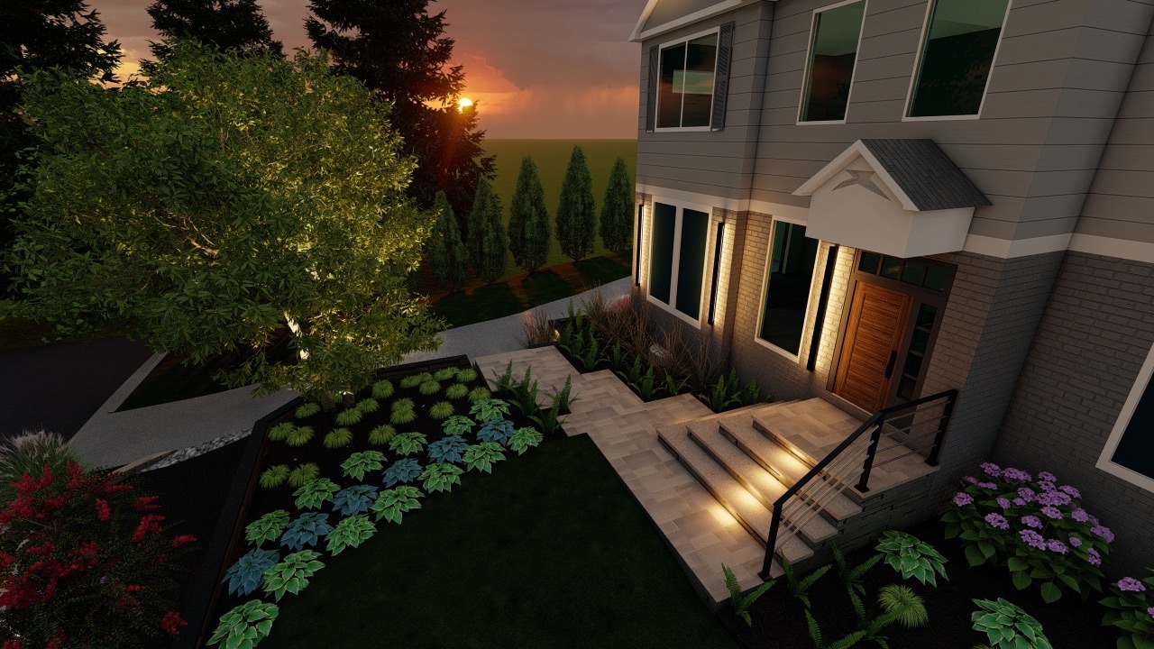 Modern house entrance with illuminated steps, surrounded by landscaped garden. Sunset in the background, creating a warm, serene ambiance.