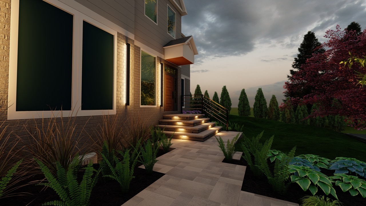Modern house exterior with illuminated steps, large windows, and surrounding greenery. Twilight sky sets a serene atmosphere in landscaped garden.