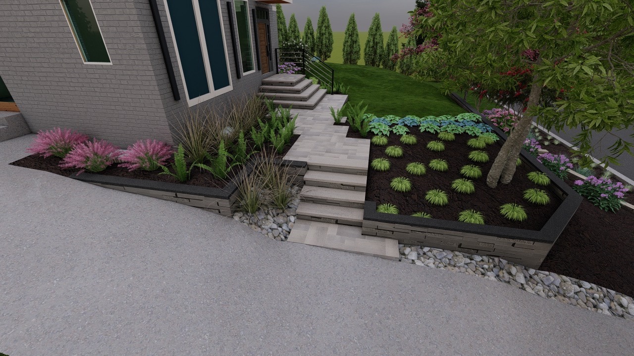 Modern house exterior with landscaped garden, featuring stairs, lush plants, colorful flowers, and a tree by gravel walkway on a sunny day.