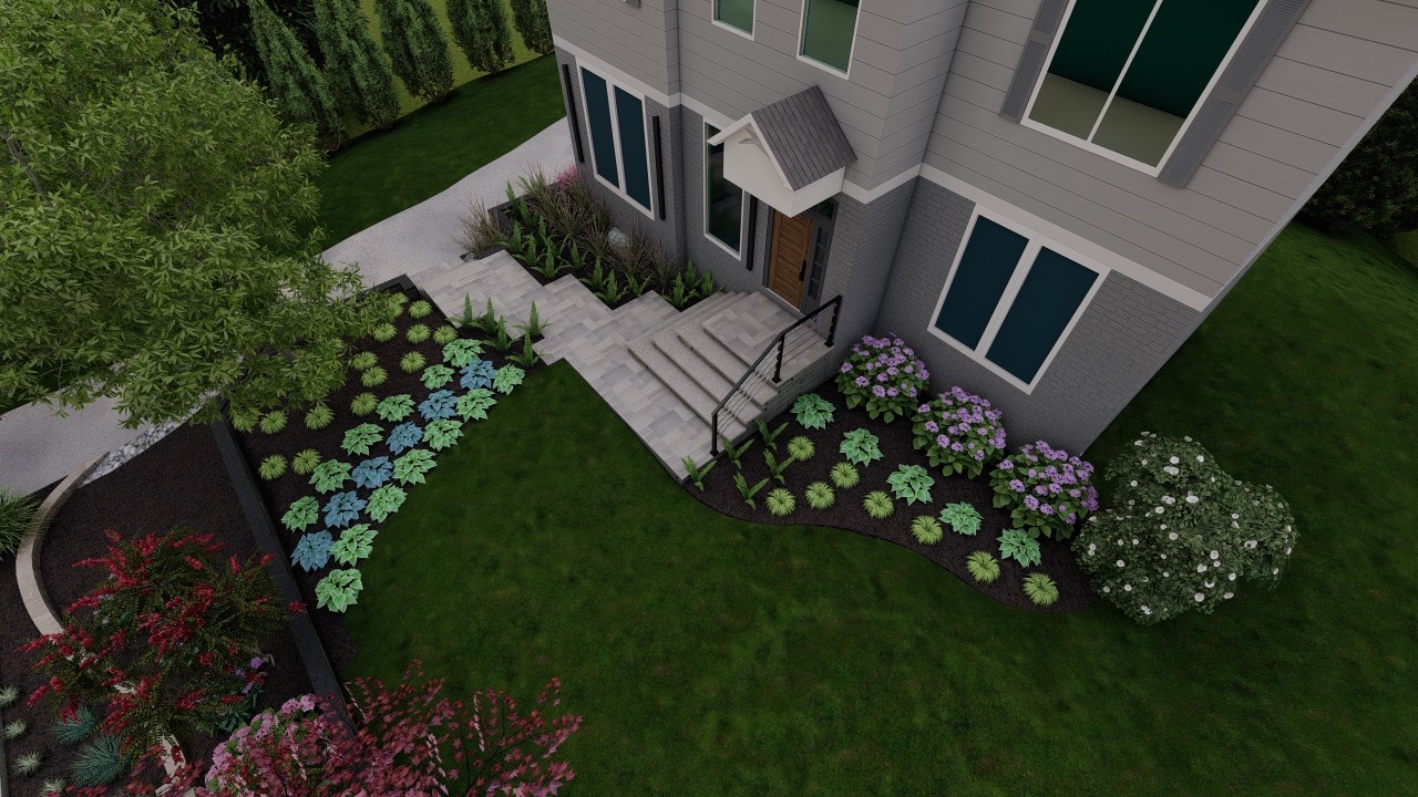 Aerial view of a modern house entrance with steps, surrounded by lush landscaping, colorful flowers, and a winding path through a well-maintained garden.