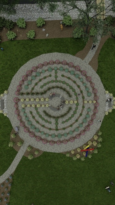 Aerial view of a circular garden maze with pathways and greenery. People are walking around, surrounded by vibrant grass and trees.