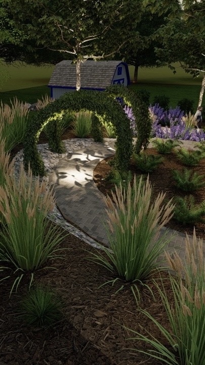 Garden scene with a winding path, leafy archway, various plants, and a small blue shed surrounded by trees and purple flowers. Peaceful setting.