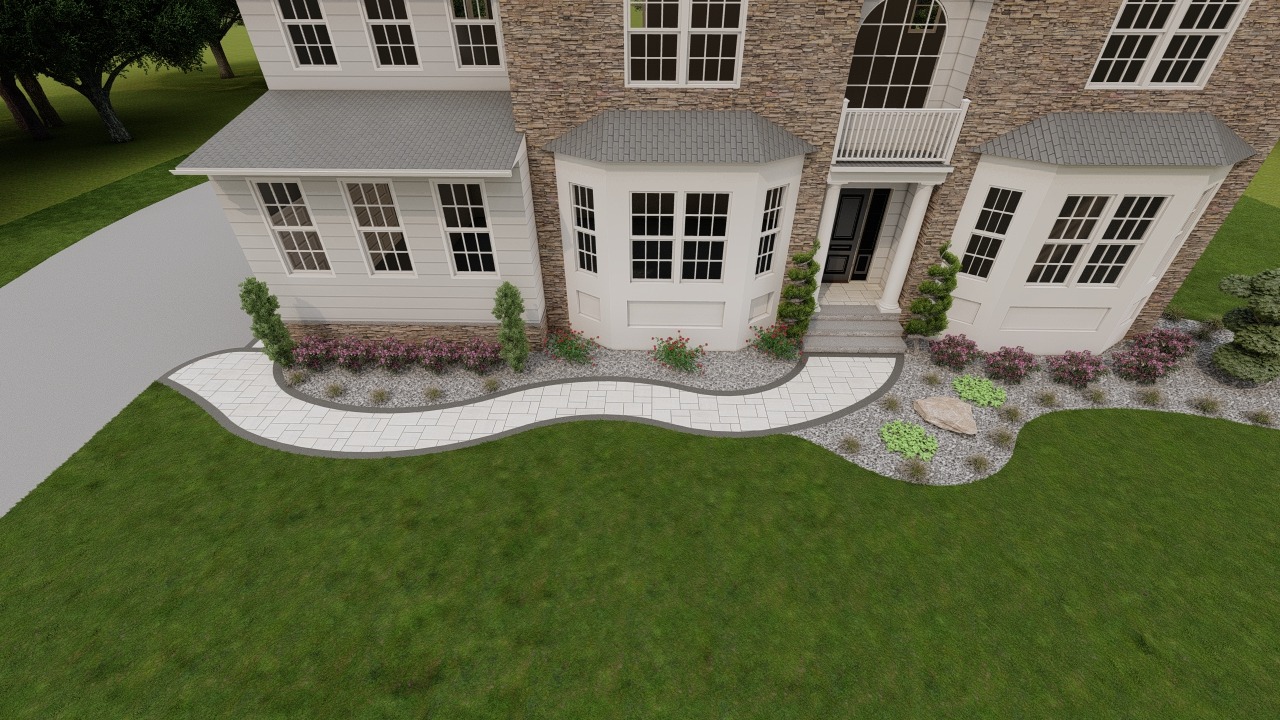 Elegant two-story home with stone facade and curved walkway, surrounded by manicured lawn and gardens, leading to a classic front door.