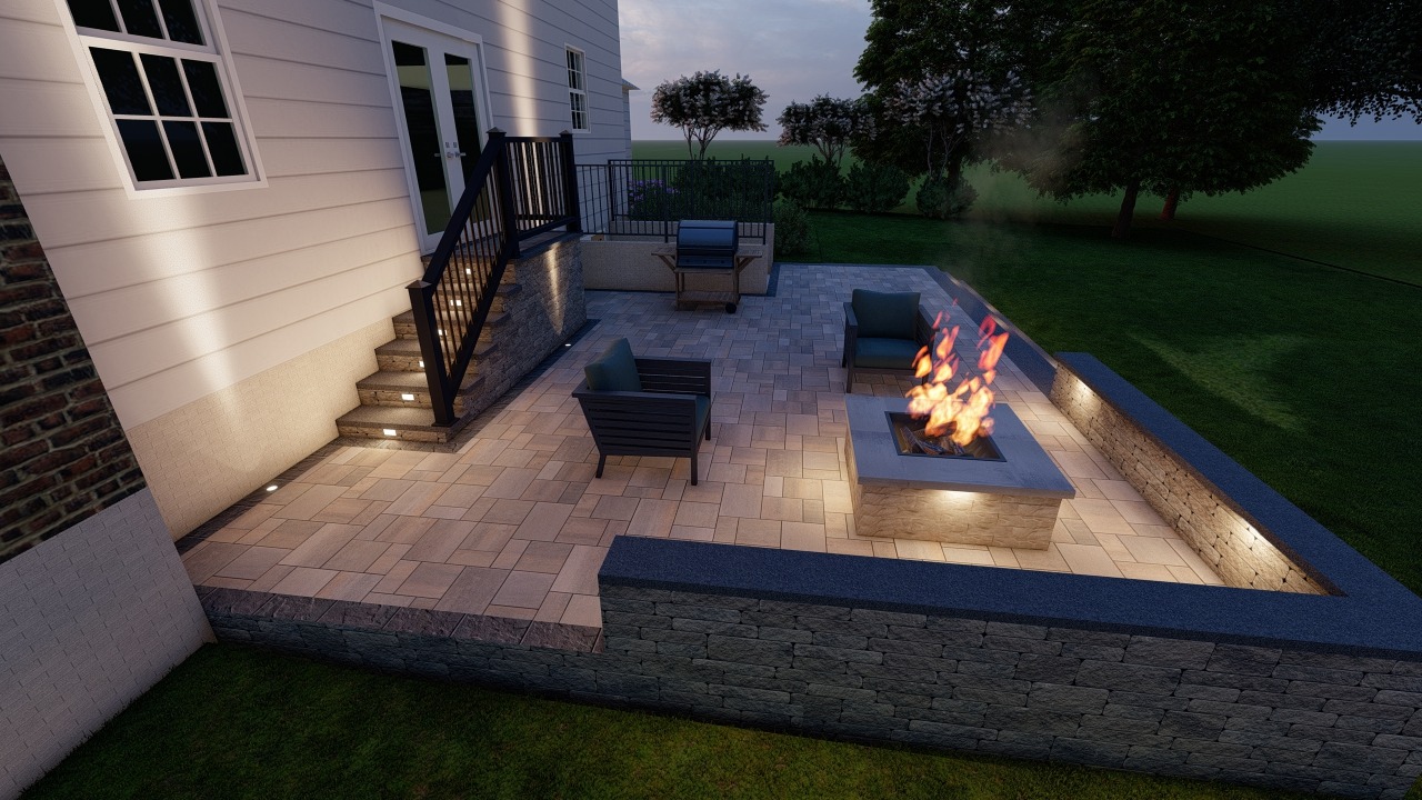 A modern patio with a fire pit, lounge chairs, and grill, surrounded by greenery, creates a cozy outdoor evening setting.