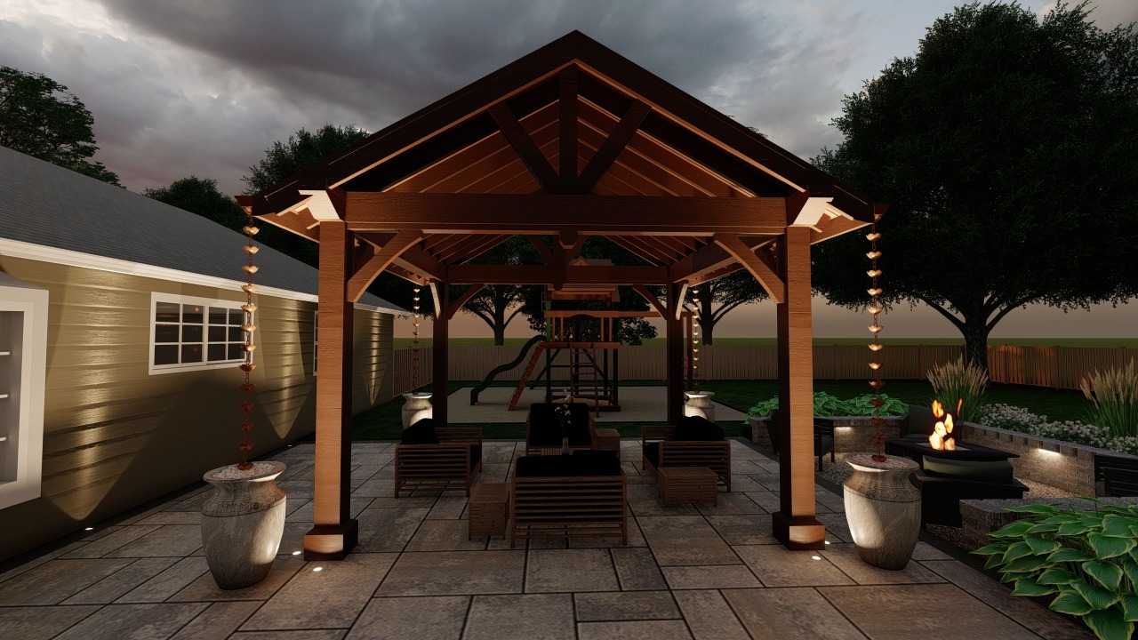 A cozy backyard features a wooden pergola, lounge chairs, a playset, decorative lighting, and a fire pit, surrounded by lush greenery.