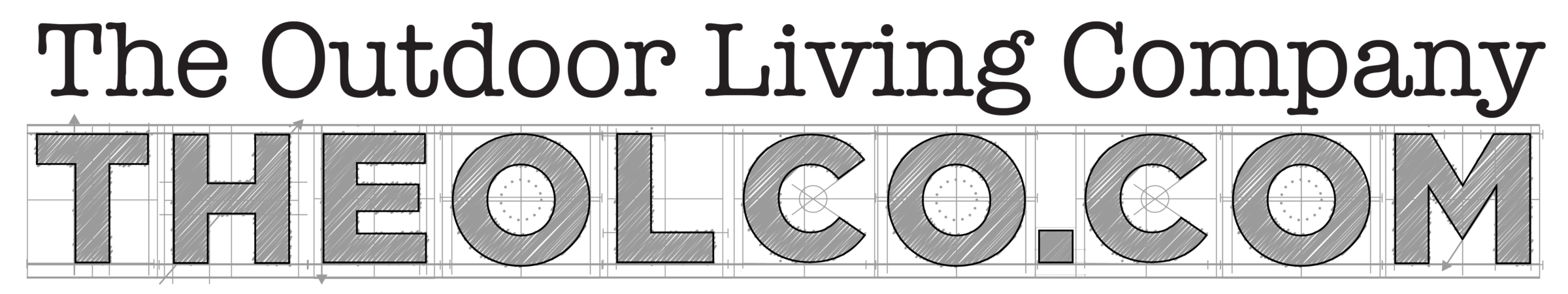 Logo for "The Outdoor Living Company" with sketch-style text and geometric design elements in grayscale. Features website URL "THEOLCO.COM."