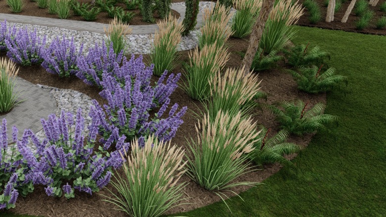 A serene garden landscape with lush green grass, vibrant purple flowers, ornamental grasses, and a stone path winding through the foliage.