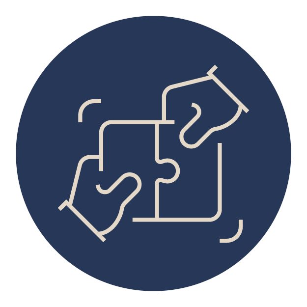 Two hands aligning puzzle pieces in a circular blue icon, symbolizing collaboration and problem-solving. Simple, minimalistic design with white outlines.
