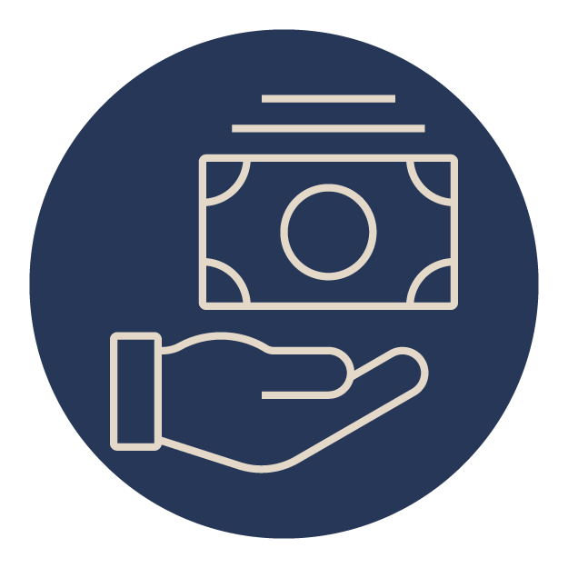 A blue circular icon features a white line drawing of a hand beneath a floating banknote, representing financial transactions or cash exchange.