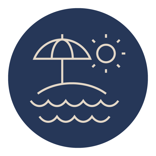 Icon depicting a beach scene with an umbrella, sun, and ocean waves inside a blue circle, illustrating a vacation or relaxation theme.