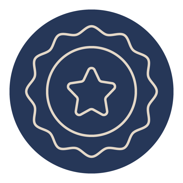 A circular badge icon with a wavy border and centered star, outlined in white on a dark blue background.