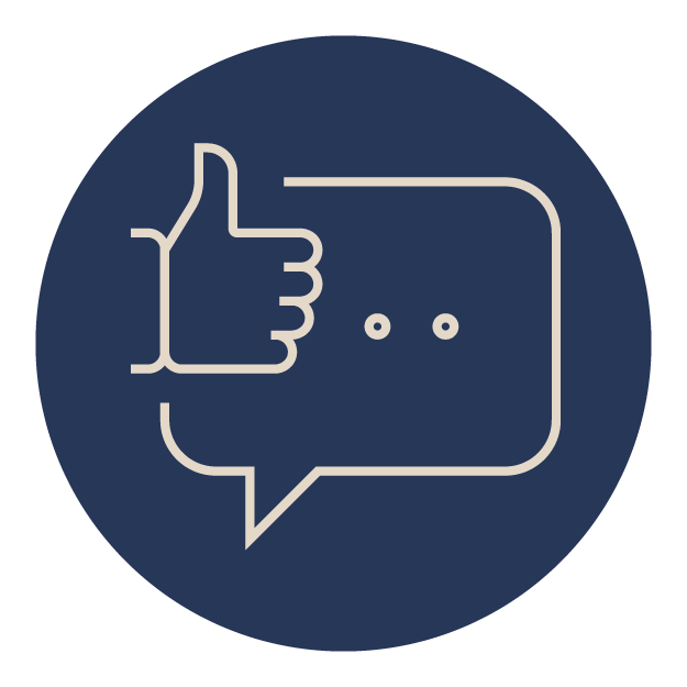 A blue circular icon displays a white thumbs-up and speech bubble. The design symbolizes approval or positive communication feedback.