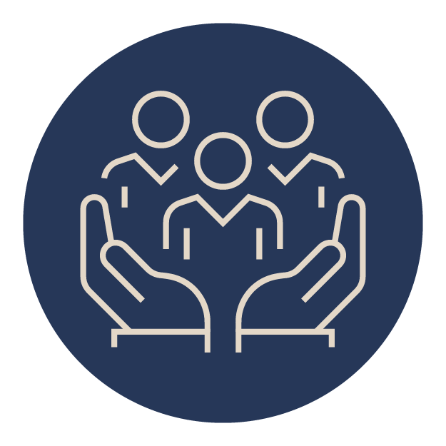 Stylized icon depicting three people above two cupped hands, symbolizing support and community care, set within a dark blue circular background.