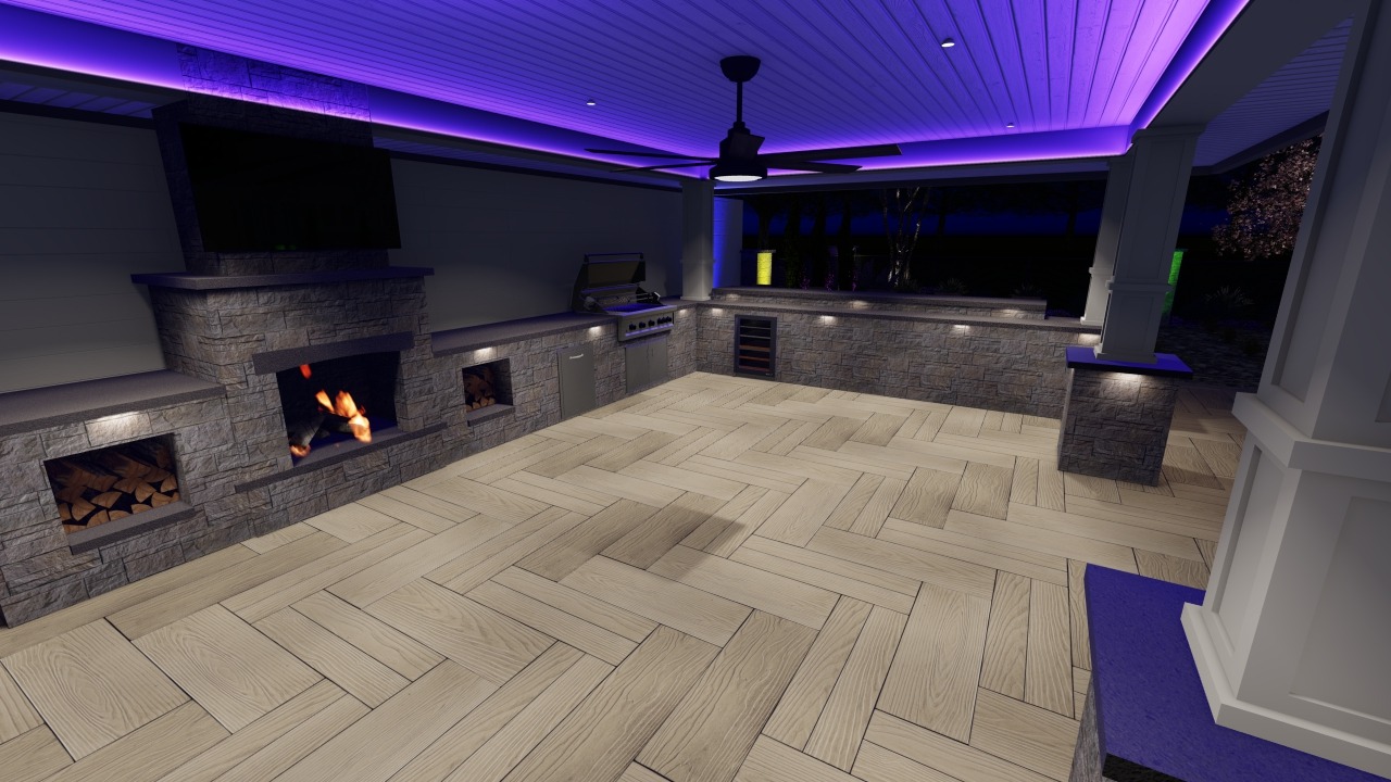 Modern outdoor patio with fireplace, grill, and purple ambient lighting. Stone walls and wood-patterned flooring create a cozy, stylish atmosphere.