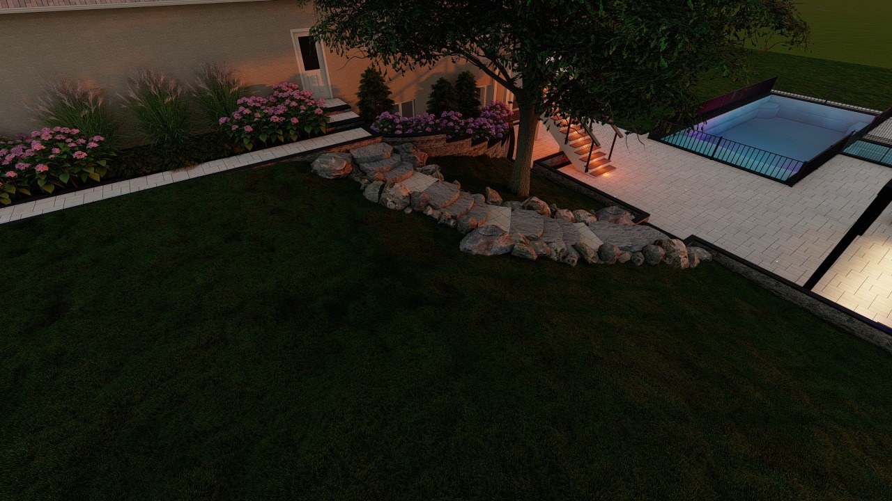 A landscaped backyard with stone path, tree, illuminated stairs, flowerbeds, and a fenced pool on a tiled patio under evening light.
