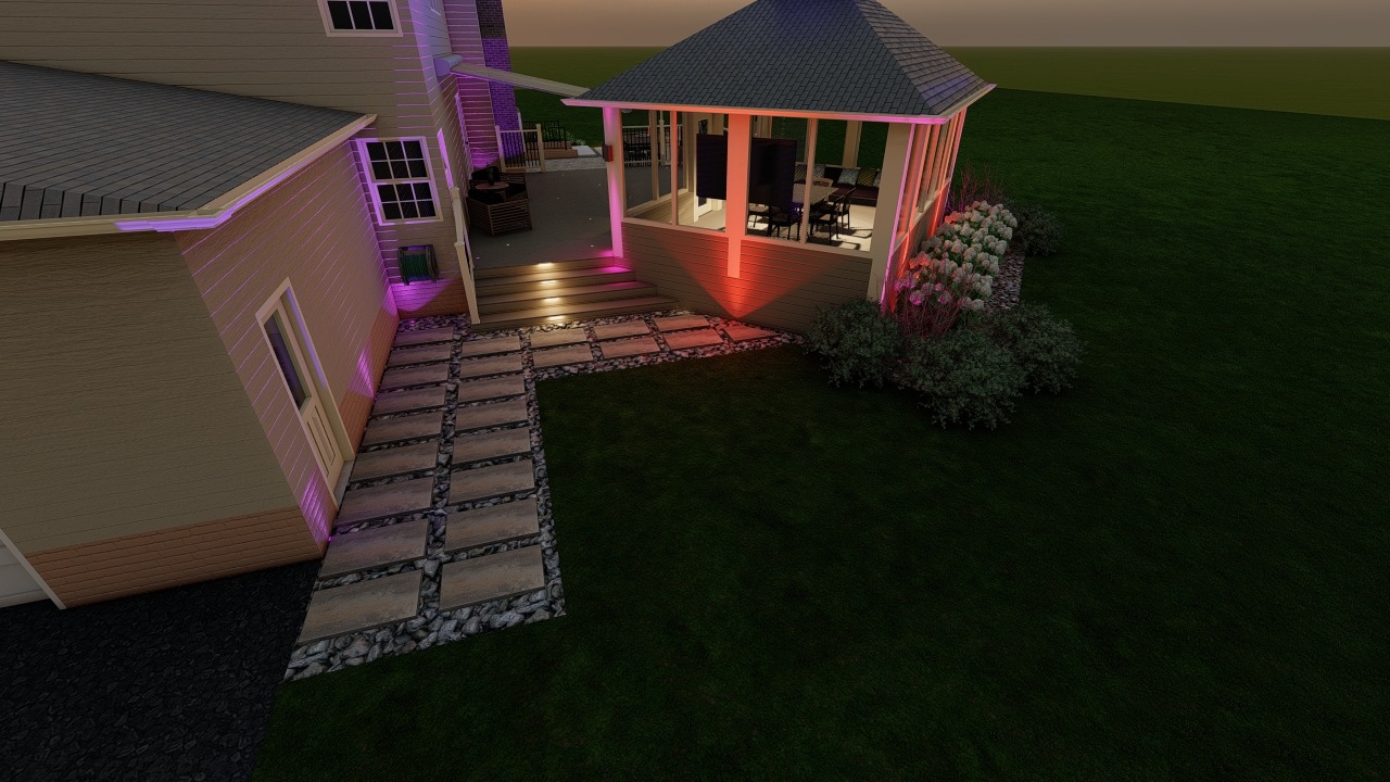 Modern house exterior with lit walkway and deck, surrounded by lush grass and bushes, showcasing ambient evening lighting in warm tones.