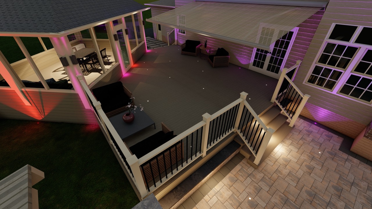 Modern outdoor deck with seating and ambient lighting, featuring a covered dining area and stairs leading to a stone patio.