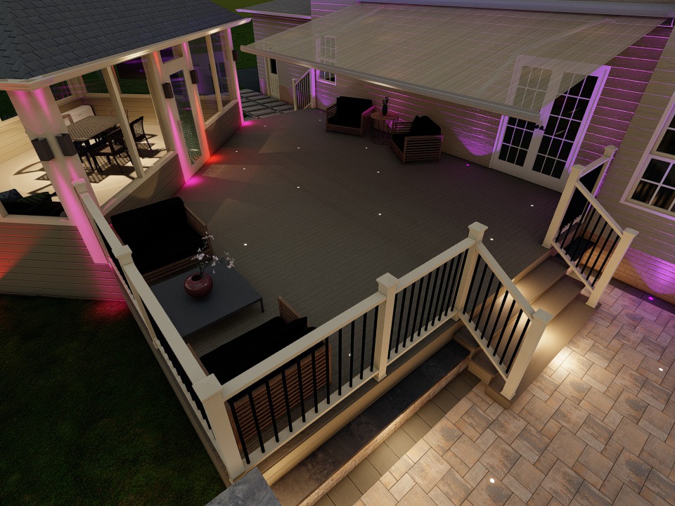 Modern outdoor deck with ambient pink lighting, featuring cozy seating, a coffee table, and a covered dining area. Elegant, nighttime setting.
