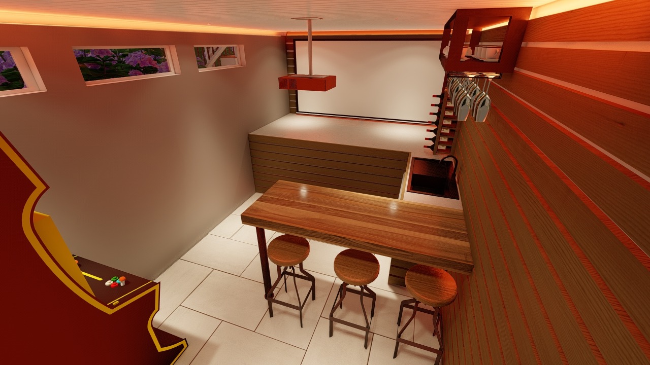 A modern lounge with wooden furniture, bar area, three stools, and ambient lighting. Small windows reveal outdoor plants.