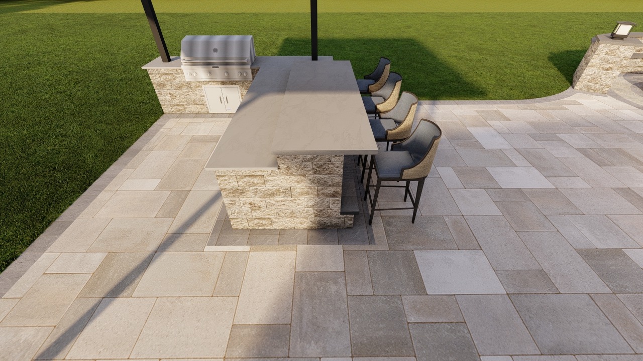 Outdoor patio with stone bar, chairs, and grill on a tiled surface. Green lawn surrounds the area, creating a serene atmosphere.