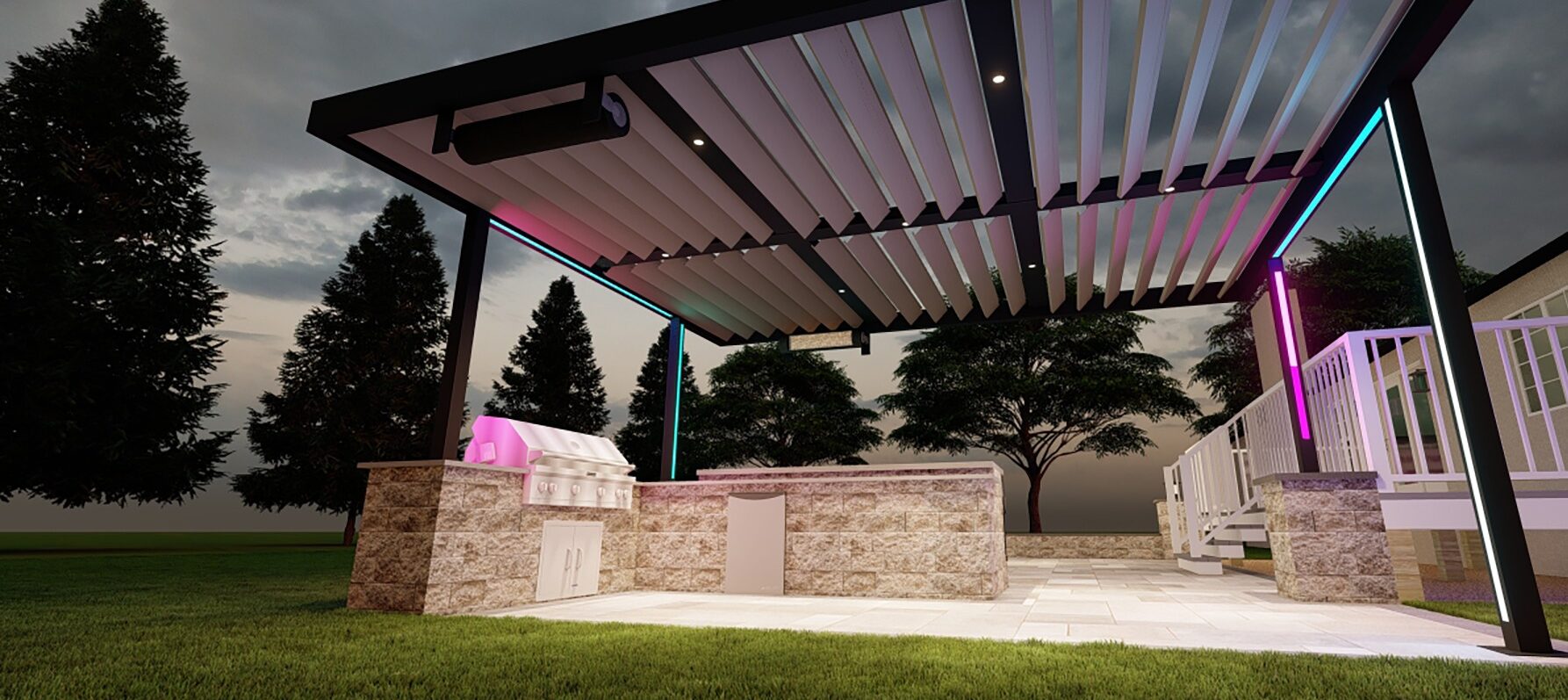 Modern outdoor kitchen with a pergola, stone countertops, and LED lighting. Surrounded by trees under a cloudy sky.