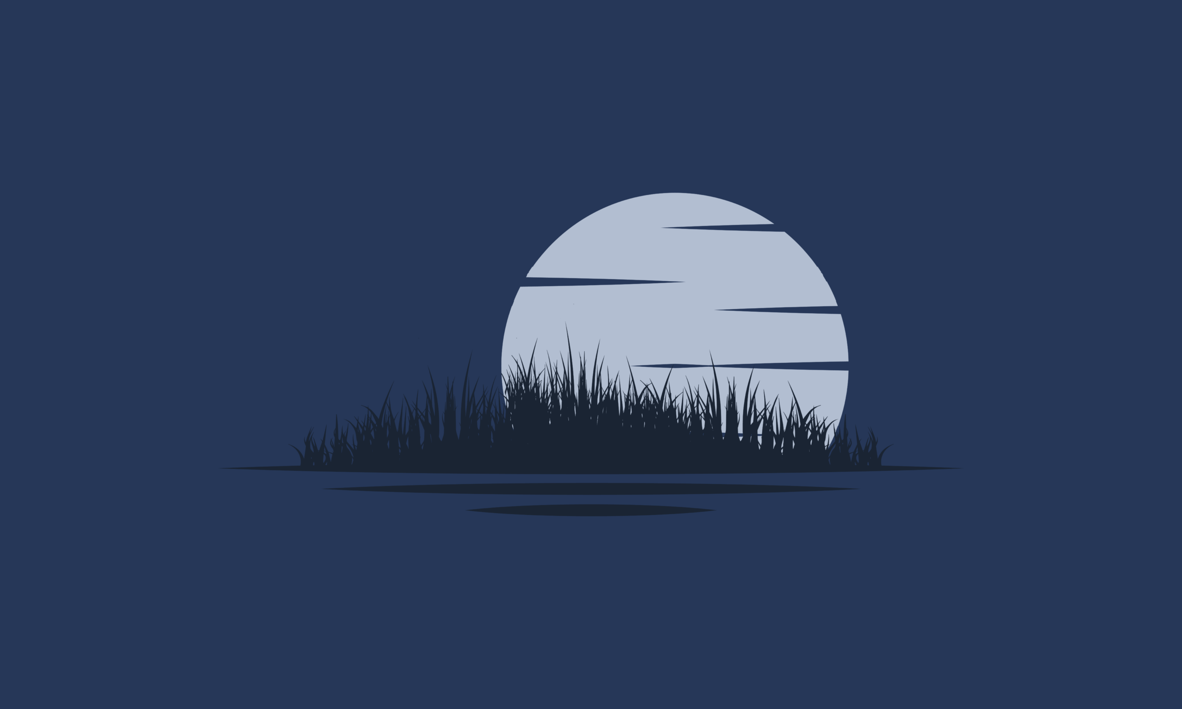 Silhouette of grass against a large, bright full moon in a deep blue night sky, creating a serene, minimalistic landscape.