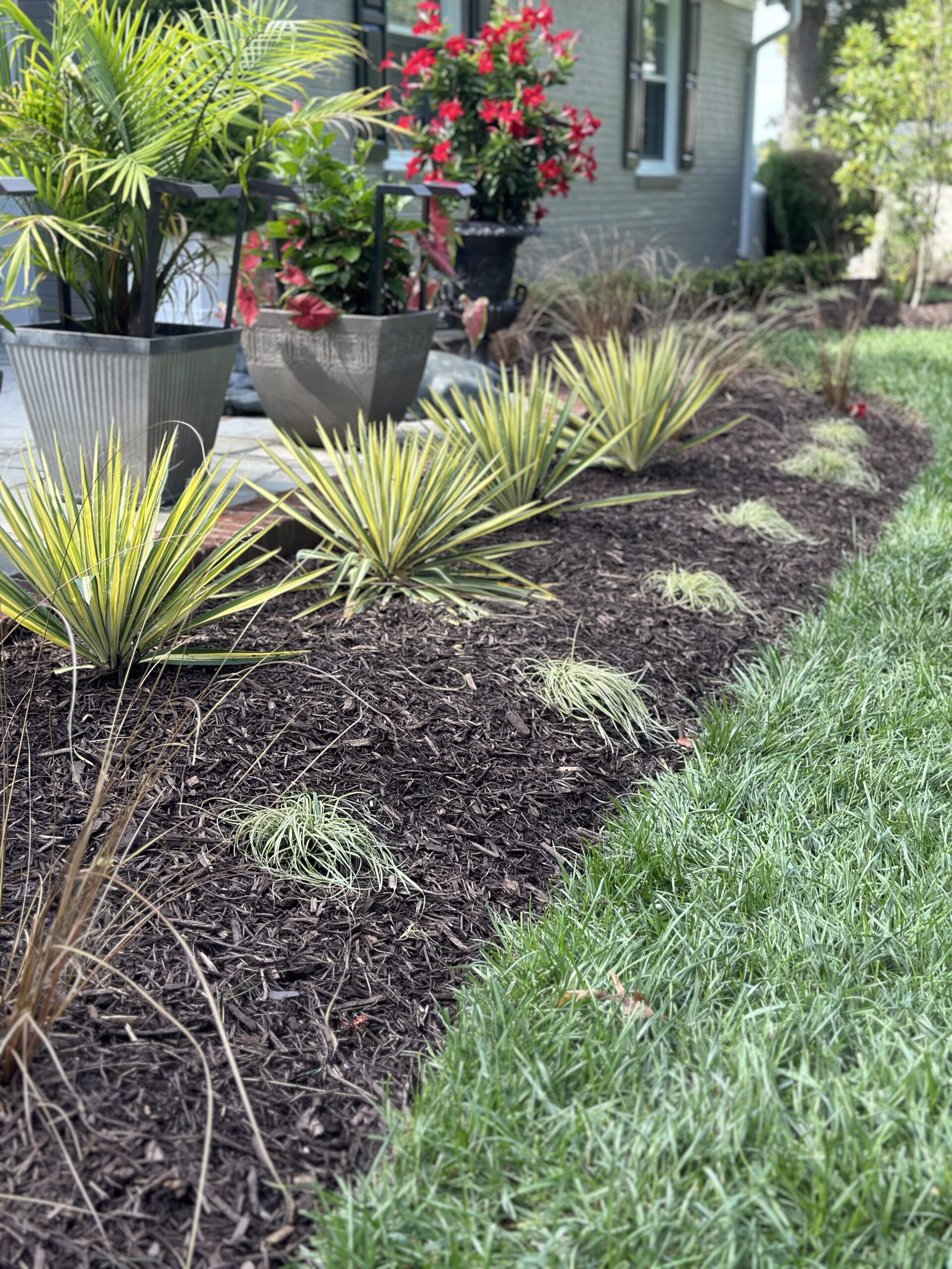 Front yard landscaping with stone-edged garden beds, green lawn, and newly planted trees.