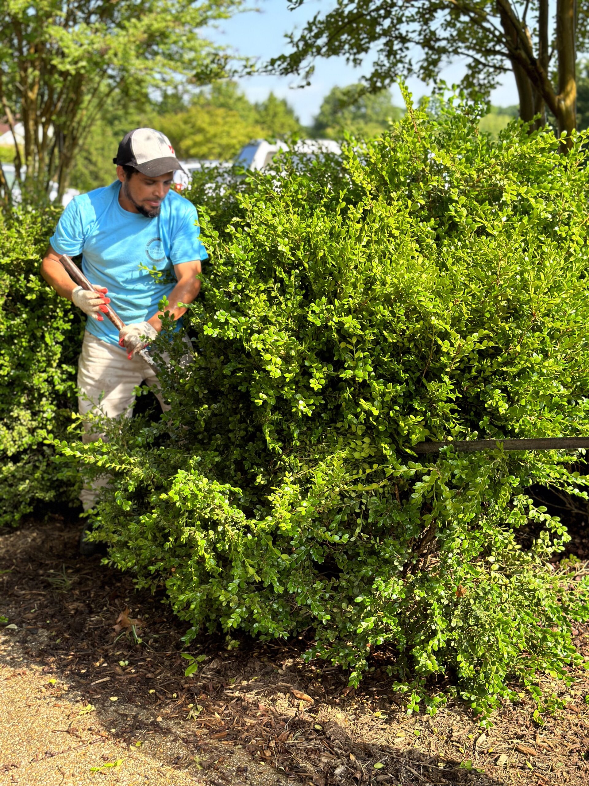 Backyard patio area under construction with stacked stone walls, a curved fire pit, and integrated lighting, set against a house with white railings and surrounded by open lawn.