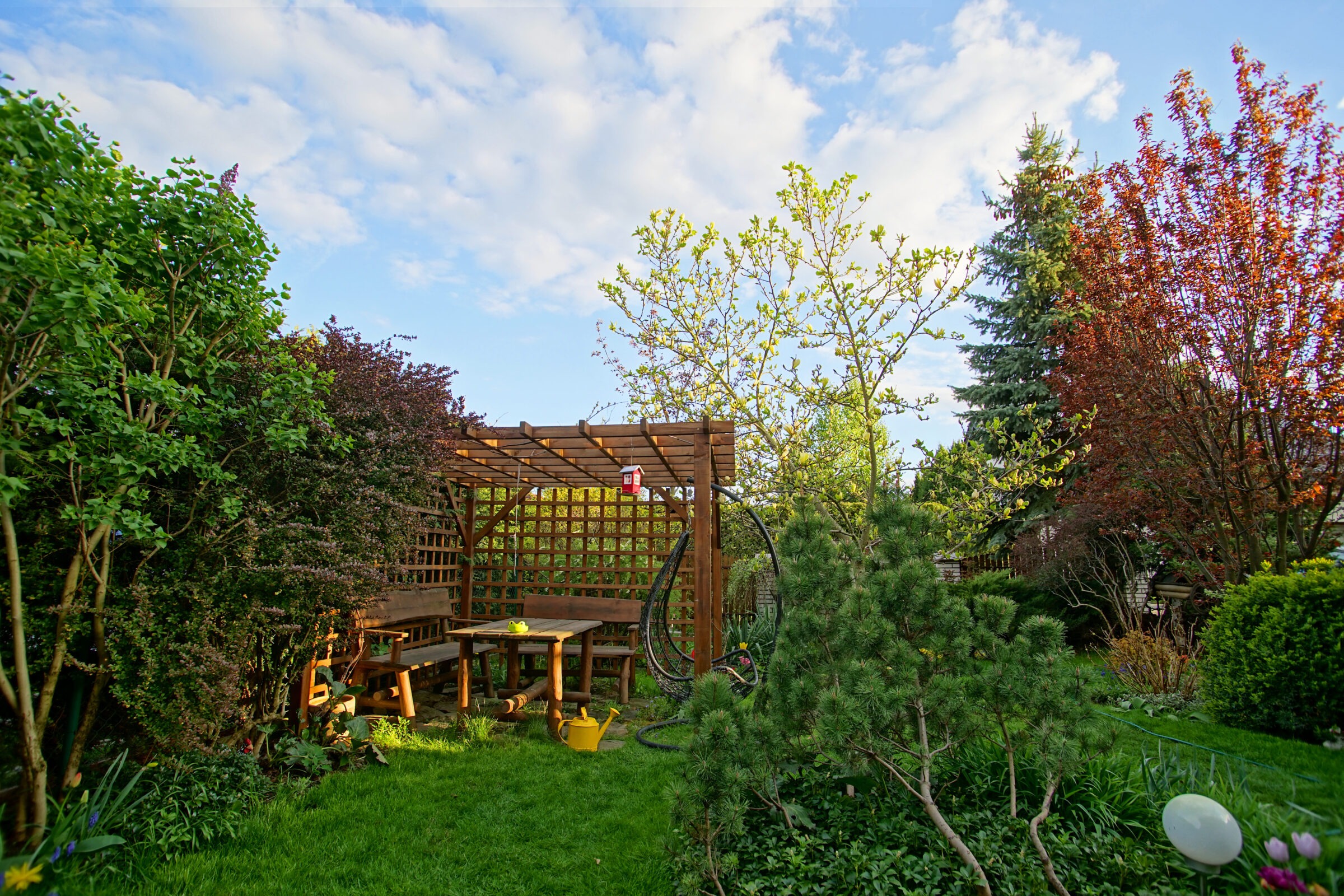 gazebo in the spring garden in the afternoon