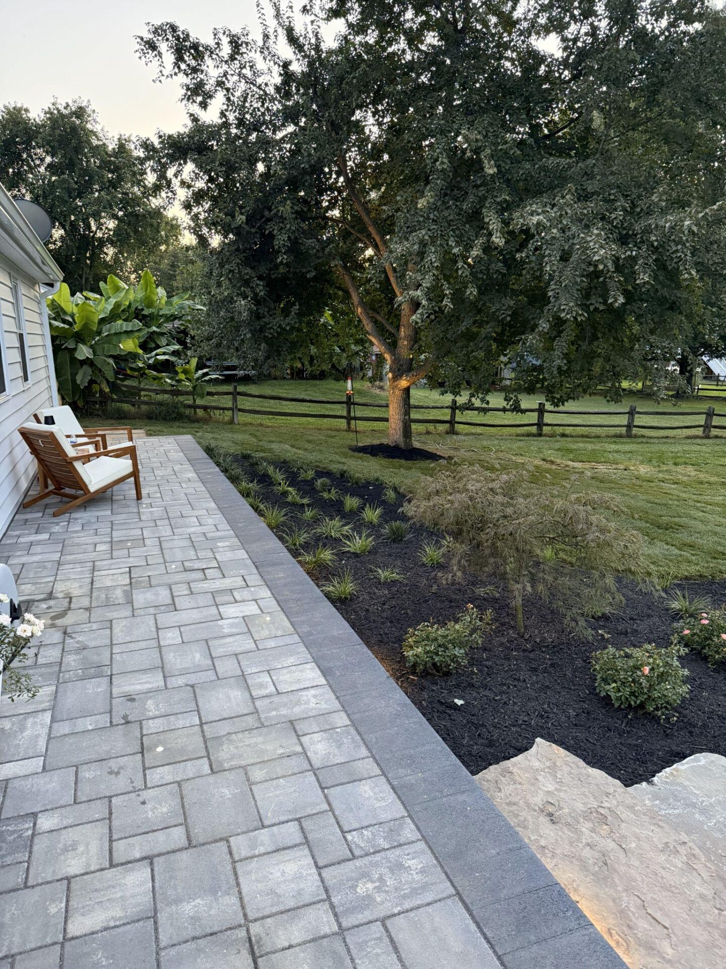 Paver patio beside a home with new landscape beds, mulch, and a small tree.